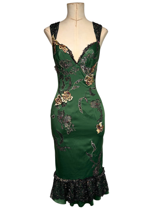 Deadstock Mandalay Emerald Stretch Satin Embroidered Dress with Beaded Ruffle Hem — Size 6