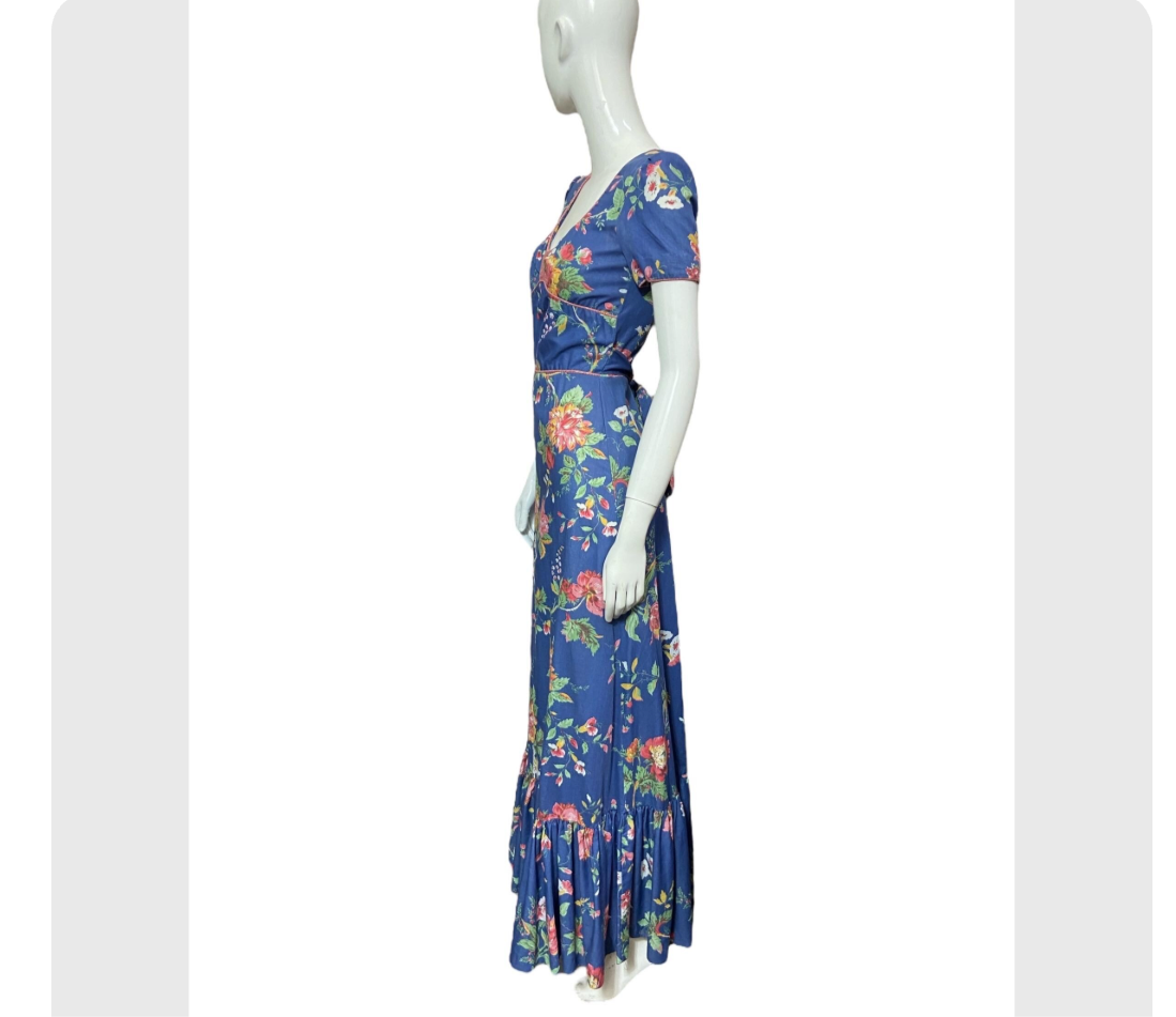 70’s Floral Cotton Maxi-Dress with Short Sleeves and Swiss Waist