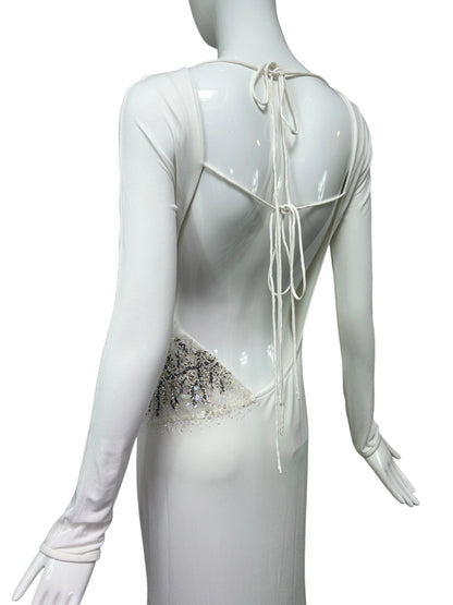 Mandalay Deadstock White Backless Stretch Jersey Gown | Y2K Maxi Dress | Wedding or Bridal Reception Dress size 10 and 8