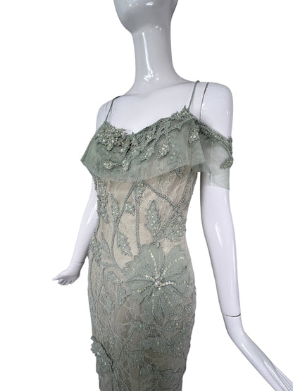 Mandalay Celadon Lace Beaded Cocktail Dress – Deadstock Y2K Off-the-Shoulder Dress | Size 6