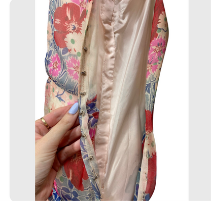20’s Floral Print Silk Chiffon Dress with Bow Accents and Matching Slip