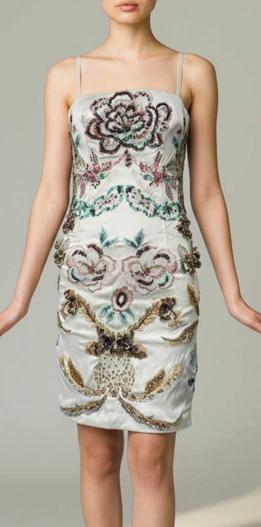 Mandalay Deadstock Embellished Silk Satin Cocktail Dress | Beaded Floral Y2K Mini | Size 2