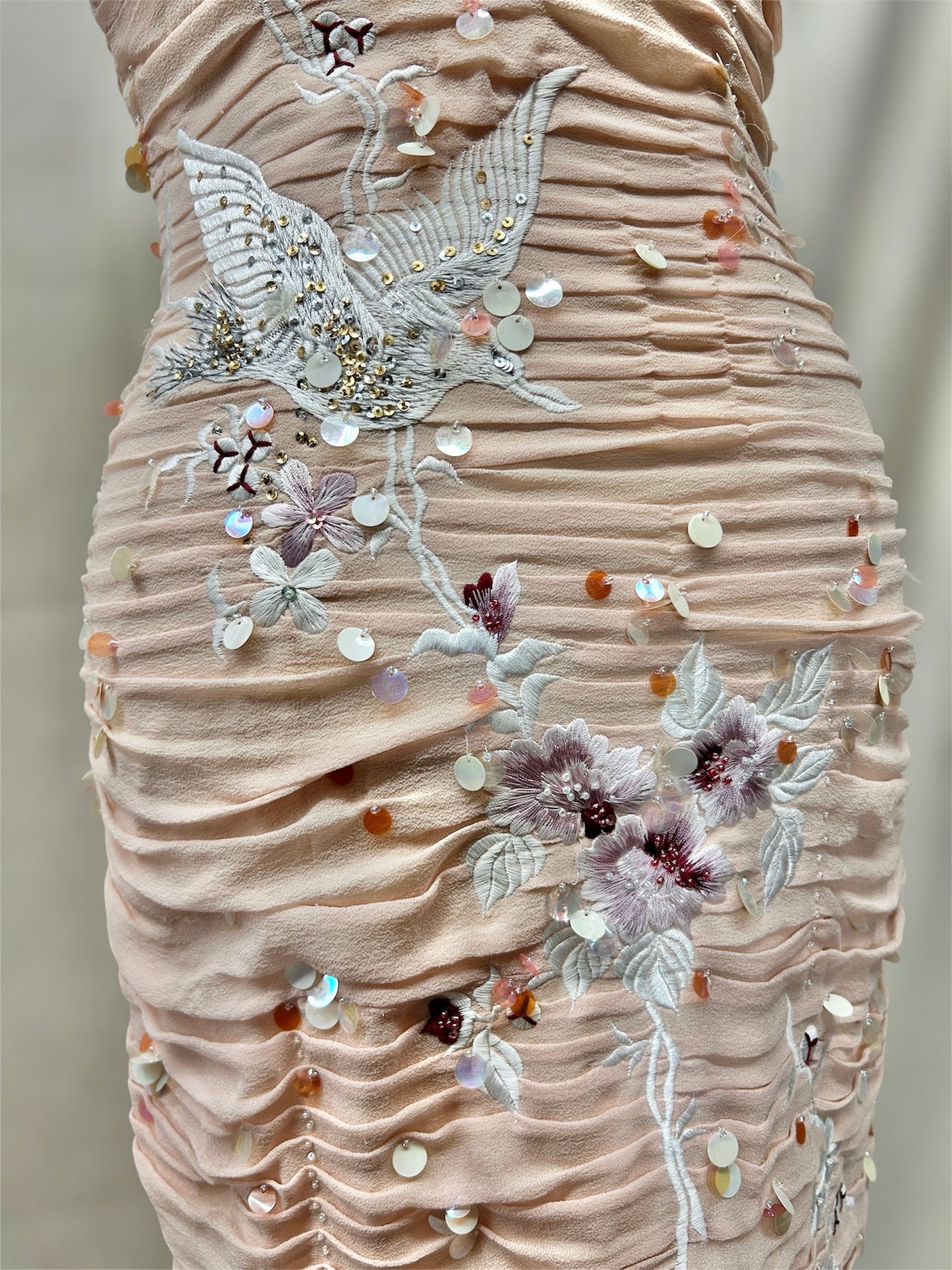 Ruched embroidered blush silk Mandalay dress size 6