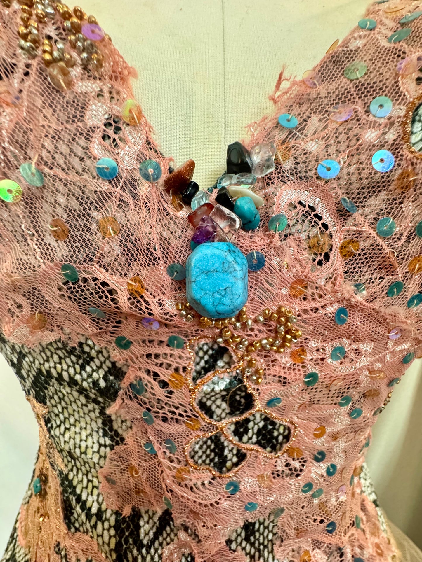 Y2K Deadstock Mandalay Sequin & Lace Top – Snake Print, Fairy Scarf Mesh Hem, Size 12