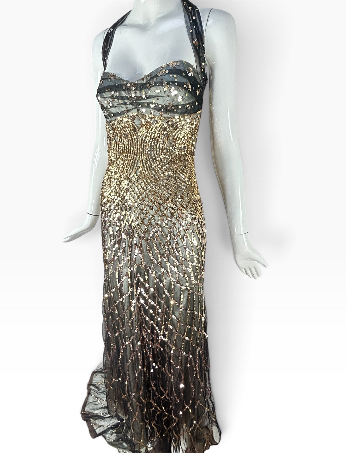 Deadstock Mandalay Gold Sequin & Black Mesh Halter Gown – Size 6