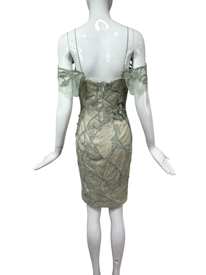 Mandalay Celadon Lace Beaded Cocktail Dress – Deadstock Y2K Off-the-Shoulder Dress | Size 6