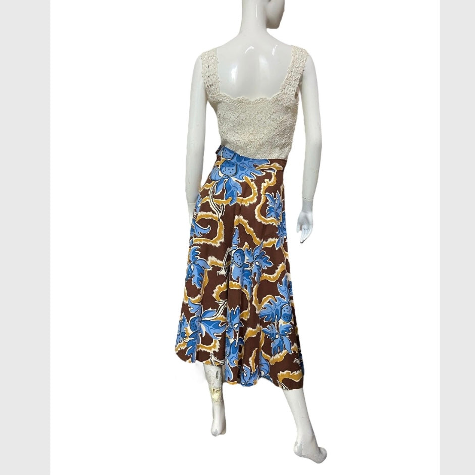 40’s Stylized Fruit and Branch Print Cotton Skirt