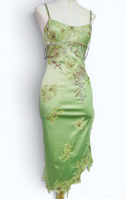 Mandalay Deadstock Beaded Satin Wiggle Dress | Pistachio Green Silk Chiffon Ruffle Hem | Size 6
