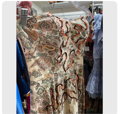 1950s strapless paisley print sequined dress