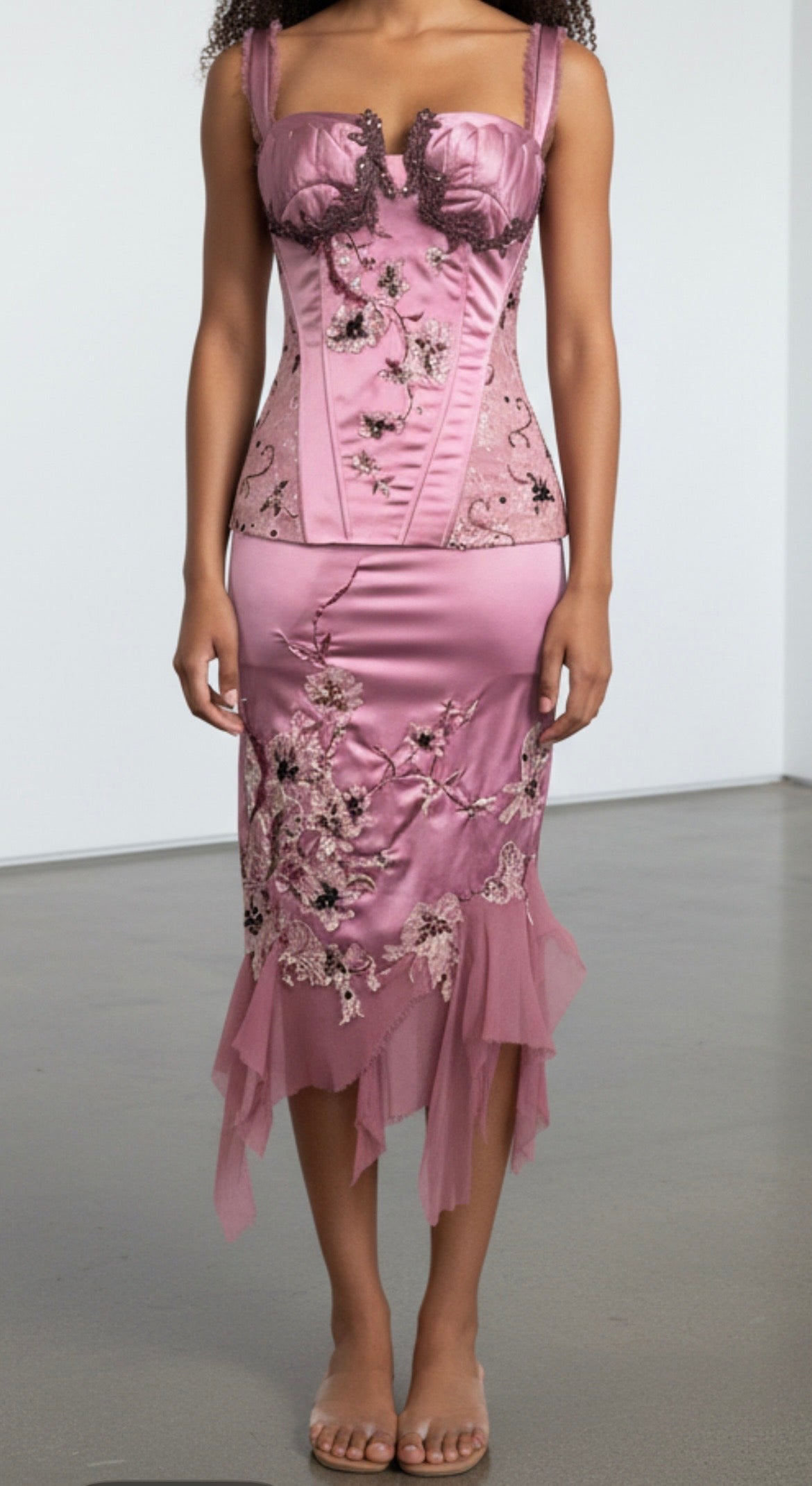 Mandalay Deadstock Dusty Rose Embellished Two-Piece Satin & Silk Chiffon Set | Top Size 8 / Skirt Size 6
