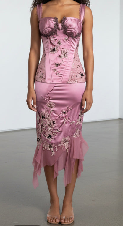 Mandalay Deadstock Dusty Rose Embellished Two-Piece Satin & Silk Chiffon Set | Top Size 8 / Skirt Size 6