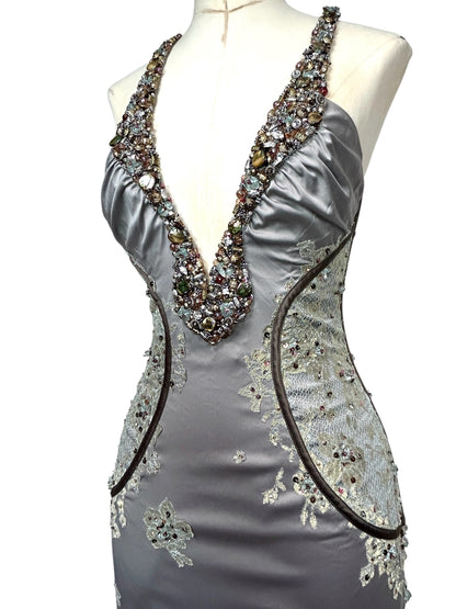 Deadstock Mandalay Embellished Silver Satin Mermaid Gown – Size 8