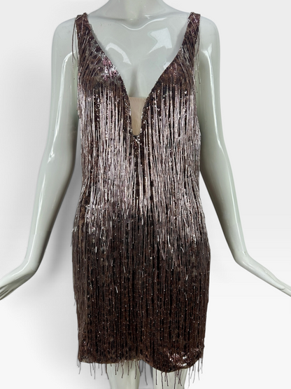 Pink beaded fringe over leopard Mandalay dress size 10