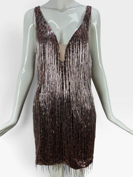 Pink beaded fringe over leopard Mandalay dress size 10