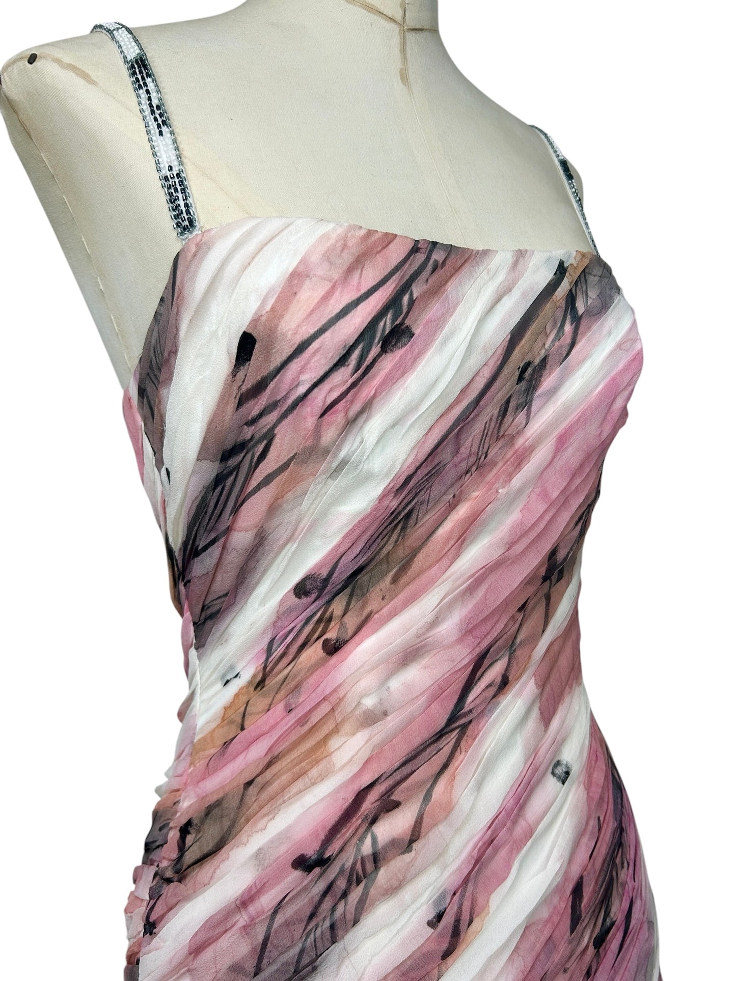 Deadstock Mandalay Hand-Painted Silk Chiffon Ruched Mini Dress – Y2K Pink Abstract Print Beaded Cocktail Dress Size 6