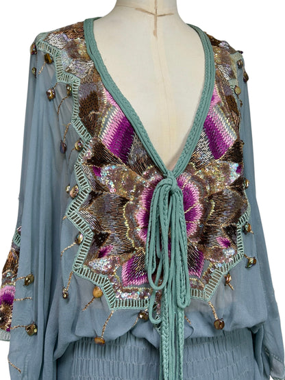 Robin Egg Blue Silk Chiffon Beaded  Mandalay deadstock Tunic size 6