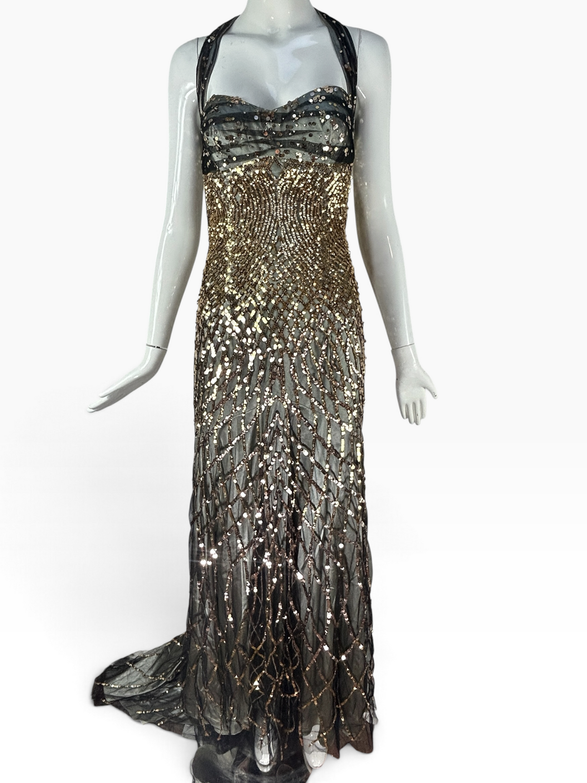 Deadstock Mandalay Gold Sequin & Black Mesh Halter Gown – Size 6