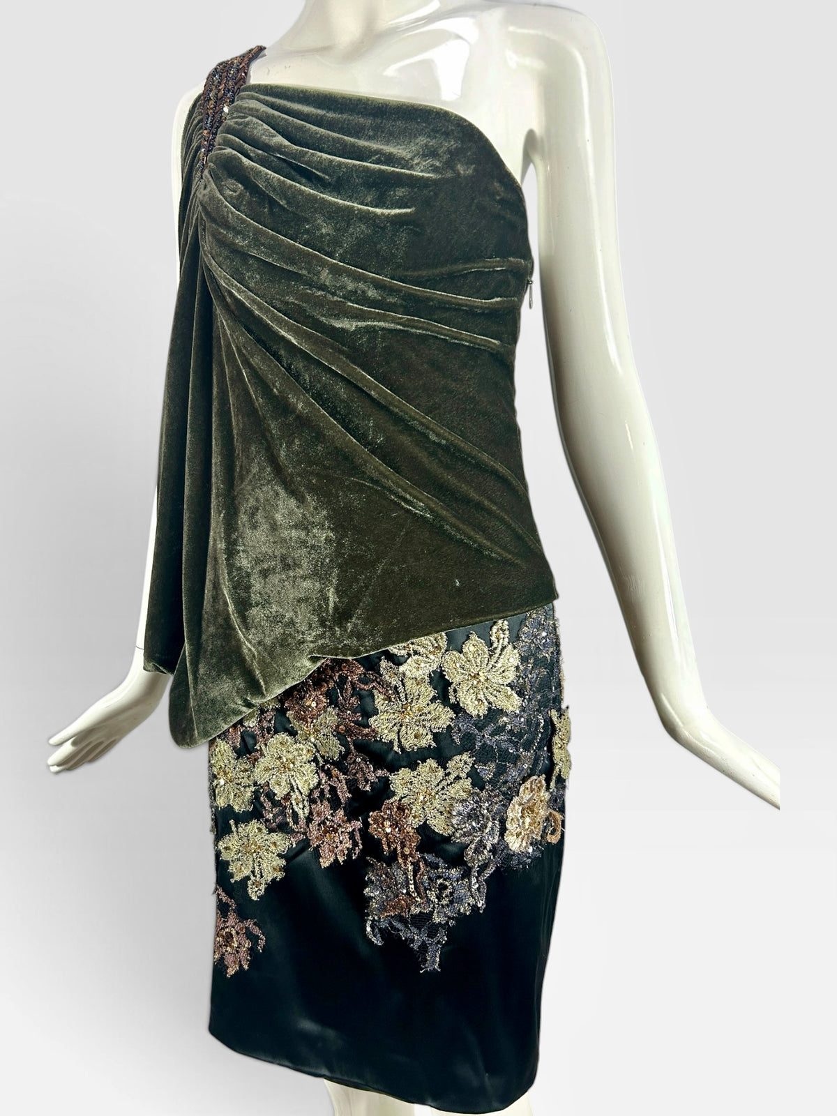 Crushed velvet olive and black one shoulder, Mandalay dress size 8