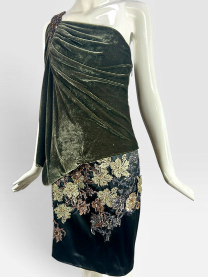 Crushed velvet olive and black one shoulder, Mandalay dress size 8