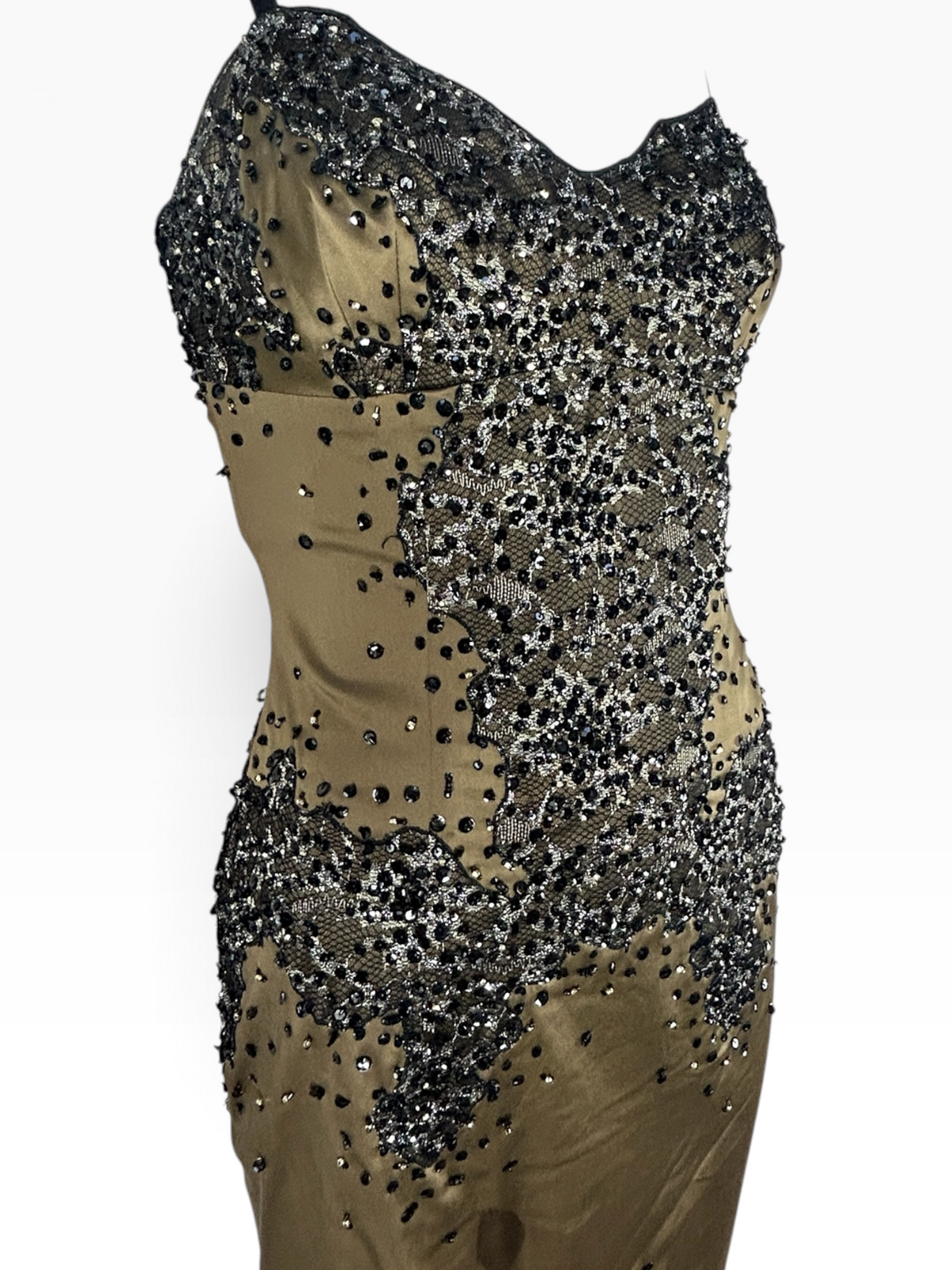 Deadstock Mandalay Bronze Stretch Satin Embroidered Dress – Size 6