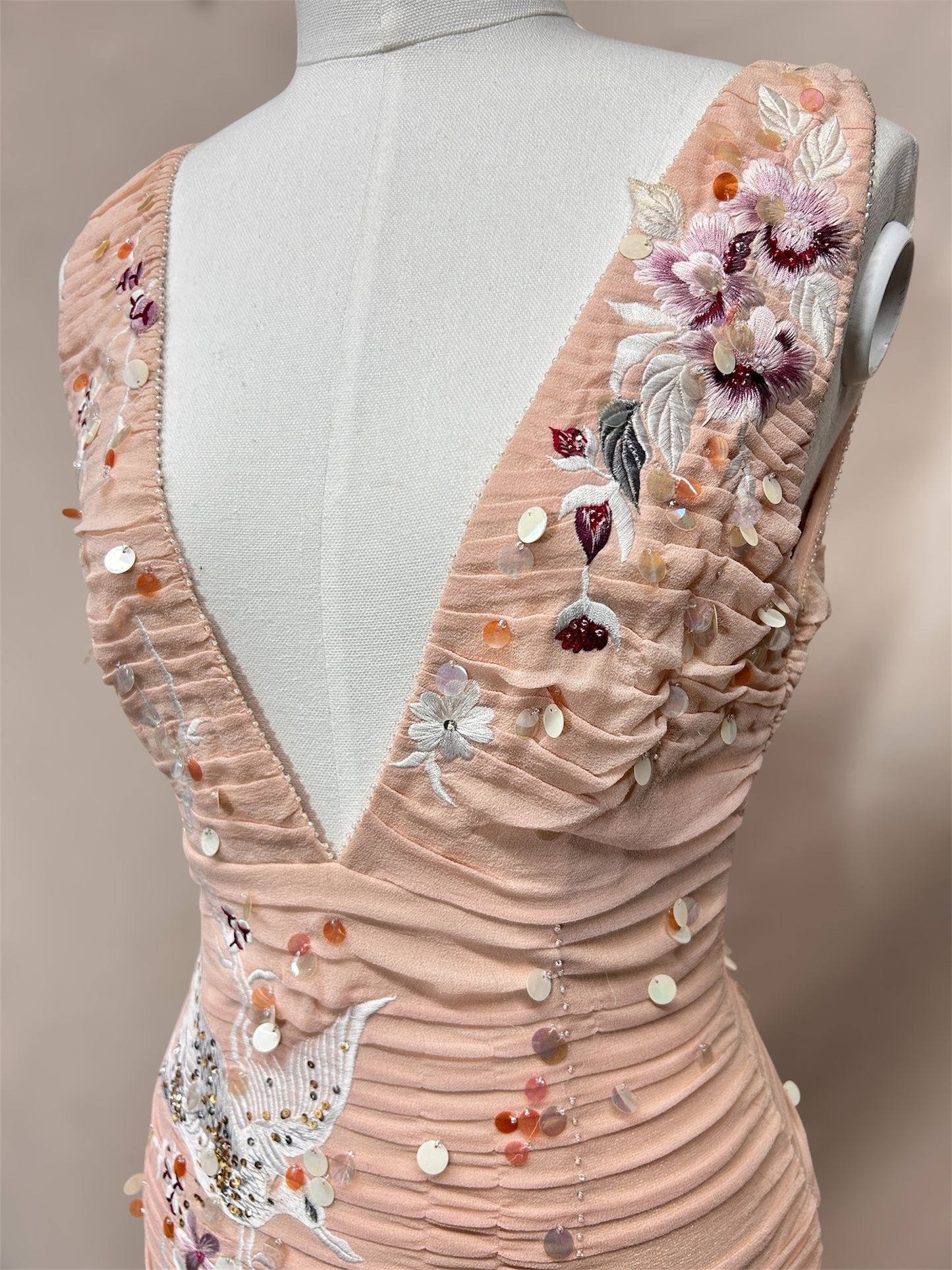 Ruched embroidered blush silk Mandalay dress size 6