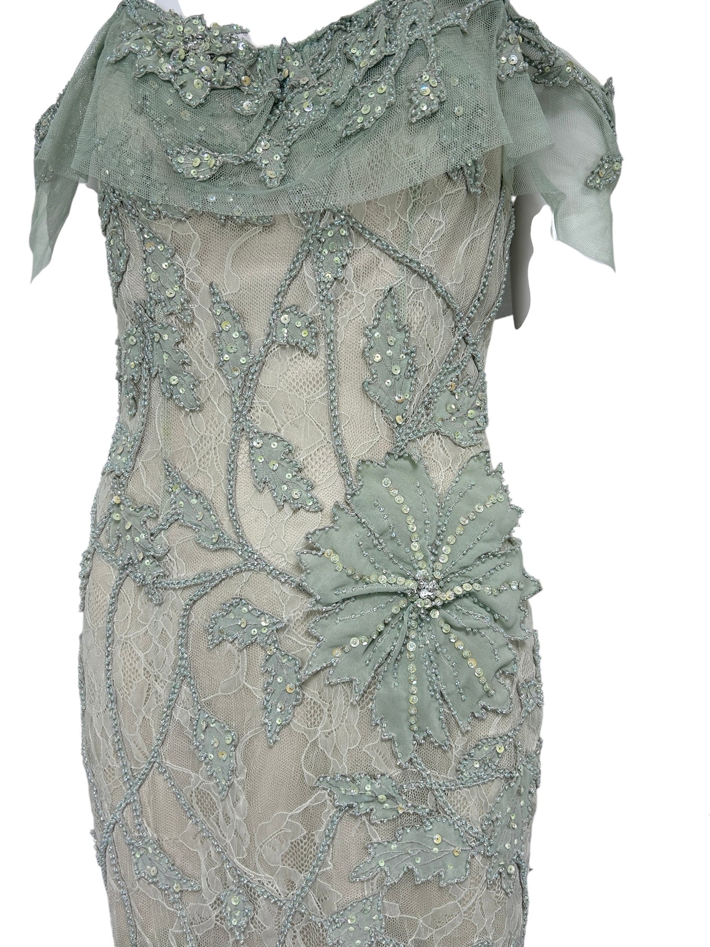 Mandalay Celadon Lace Beaded Cocktail Dress – Deadstock Y2K Off-the-Shoulder Dress | Size 6