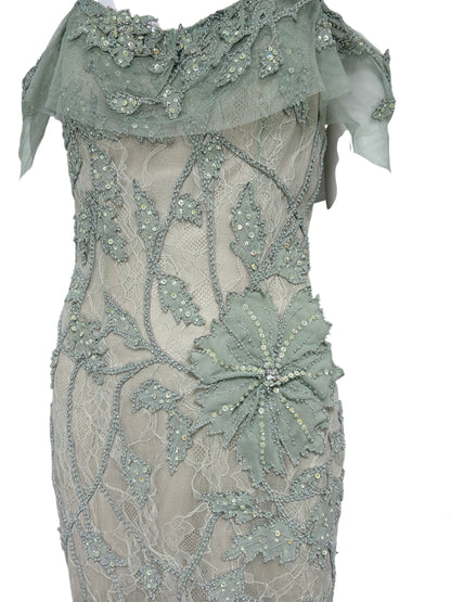 Mandalay Celadon Lace Beaded Cocktail Dress – Deadstock Y2K Off-the-Shoulder Dress | Size 6