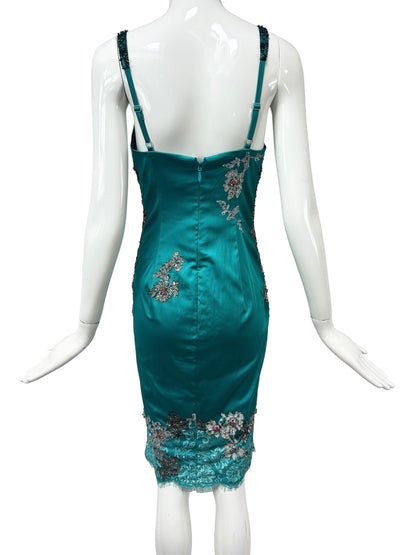 Mandalay Peacock Stretch Satin Beaded Cocktail Dress – Deadstock Y2K Embroidered Dress | Size 6