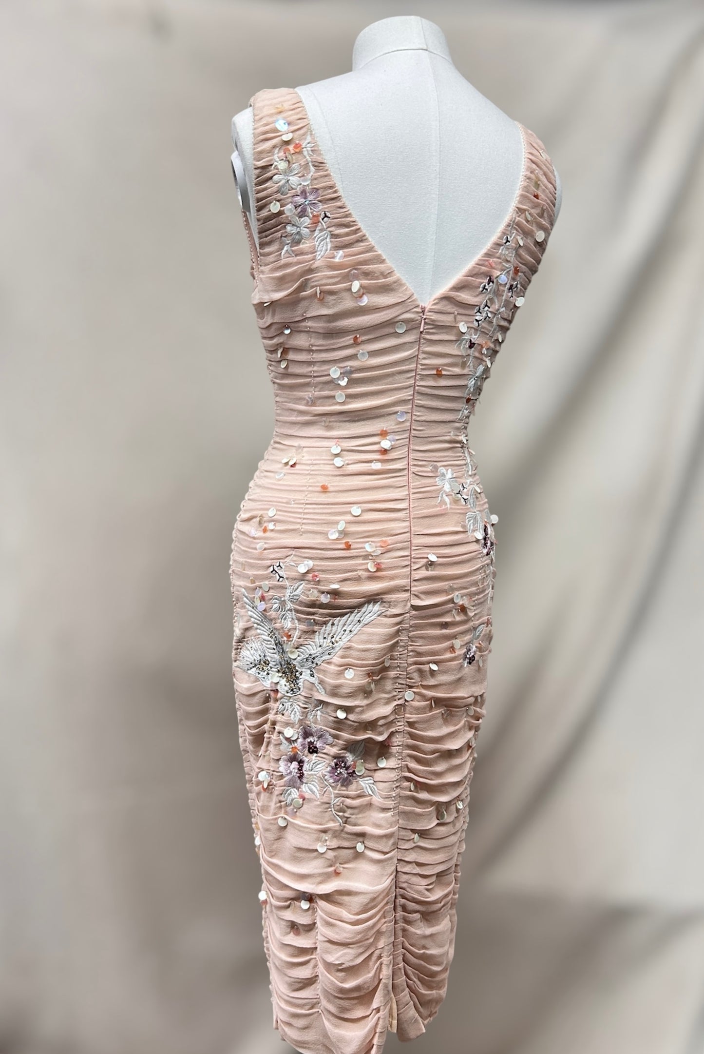 Ruched embroidered blush silk Mandalay dress size 6