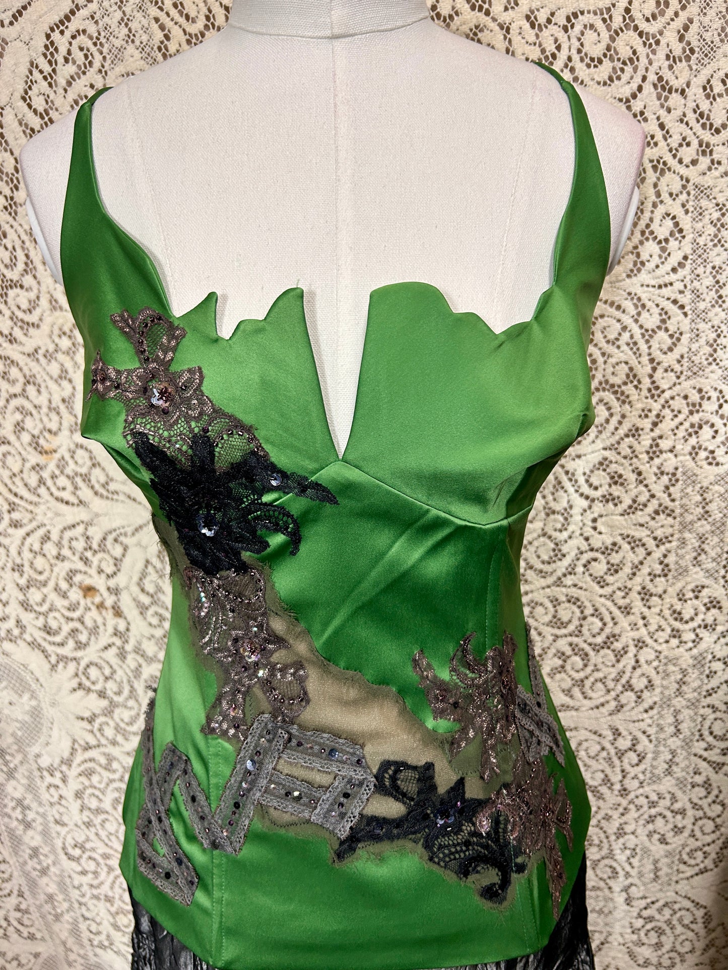 Deadstock Y2K Mandalay Emerald Satin Corset Top — Hand-Embellished Lace