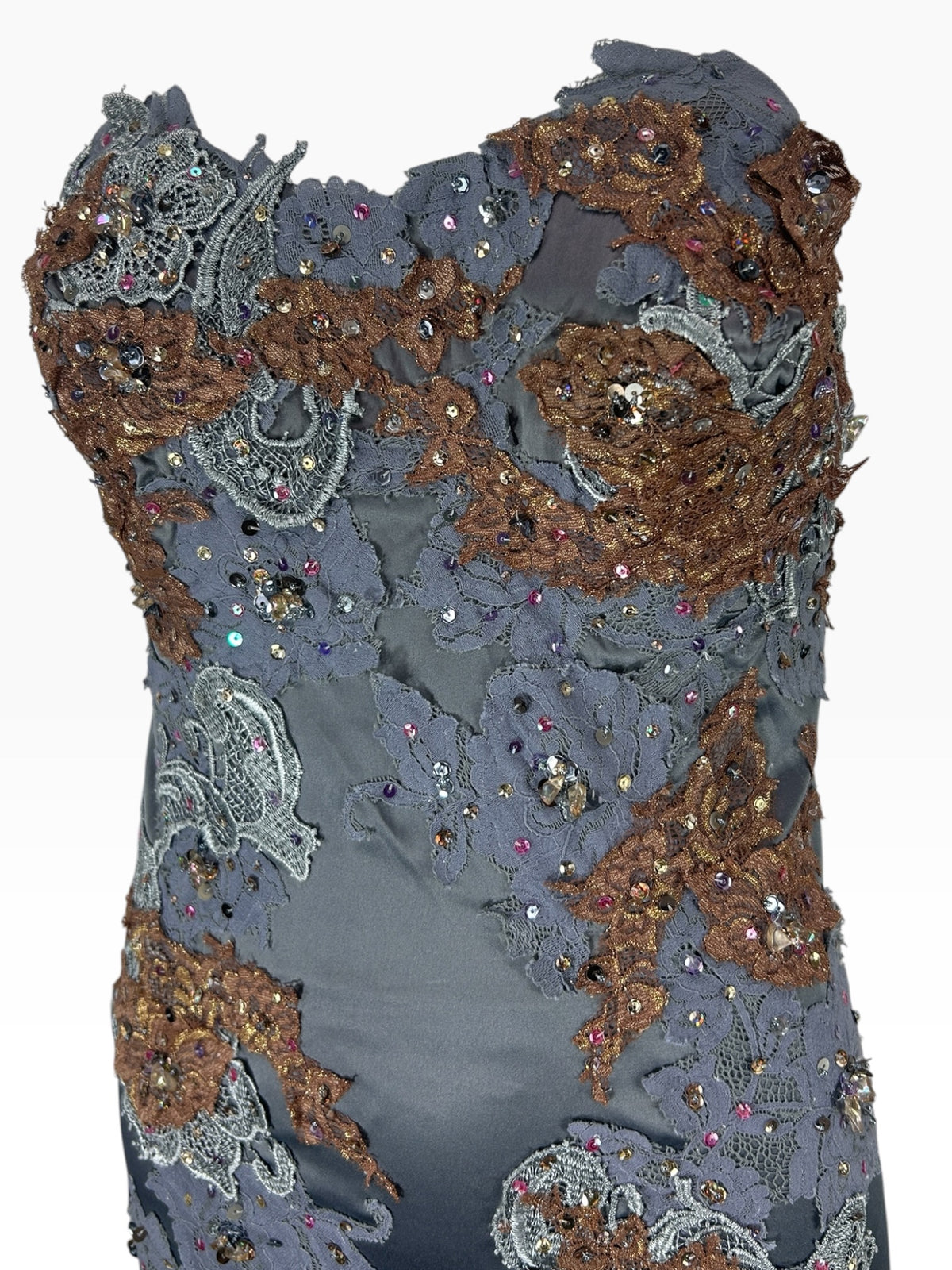 Mandalay Silver Gray Strapless Dress with Brown & Silver Lace Appliqué – Size 6