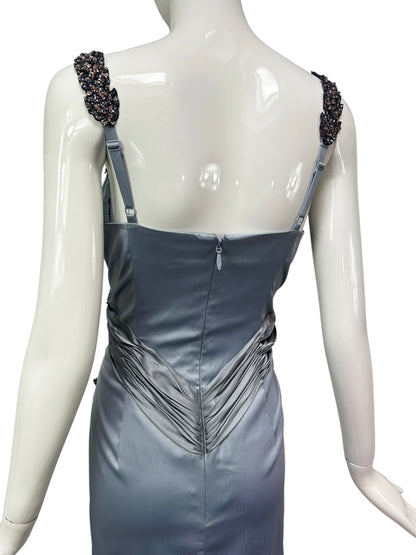 Mandalay Silver Blue Ruched Satin Cocktail Dress – Deadstock Y2K Beaded Wiggle Dress | Size 10