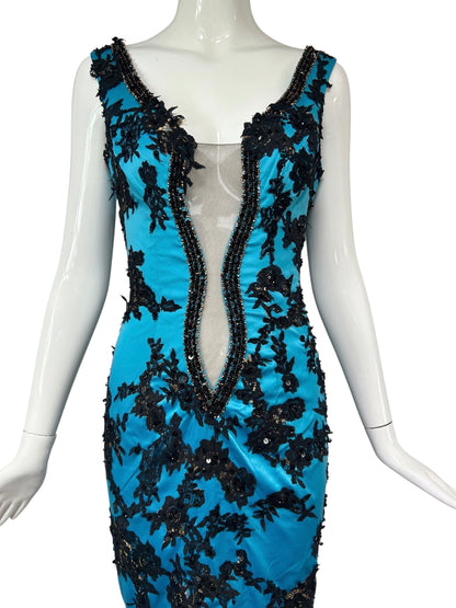 Mandalay Blue Illusion Lace Cocktail Dress – Deadstock Y2K Satin Dress | Size 6