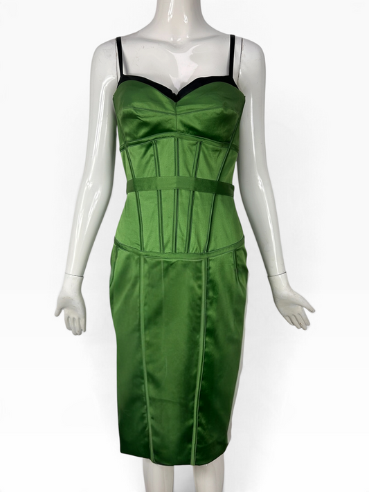 Vintage Mandalay Dress – Green Satin Corset Cocktail Dress, Size 6, Deadstock