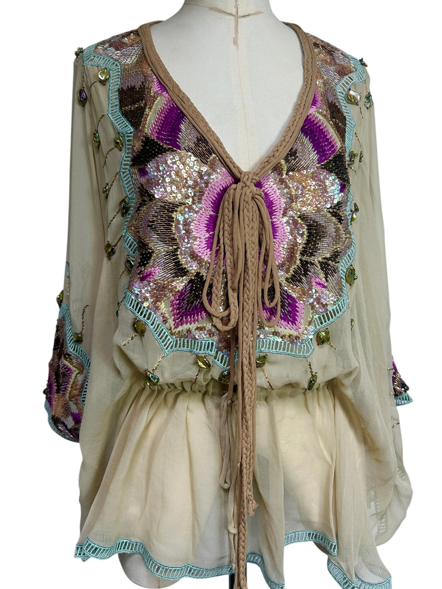 Deadstock Mandalay Silk Chiffon Beaded Butterfly Sleeve Tunic Top – Size 4