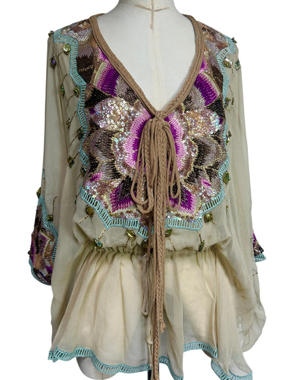 Deadstock Mandalay Silk Chiffon Beaded Butterfly Sleeve Tunic Top – Size 4