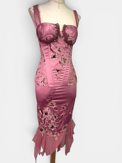 Mandalay Deadstock Dusty Rose Embellished Two-Piece Satin & Silk Chiffon Set | Top Size 8 / Skirt Size 6