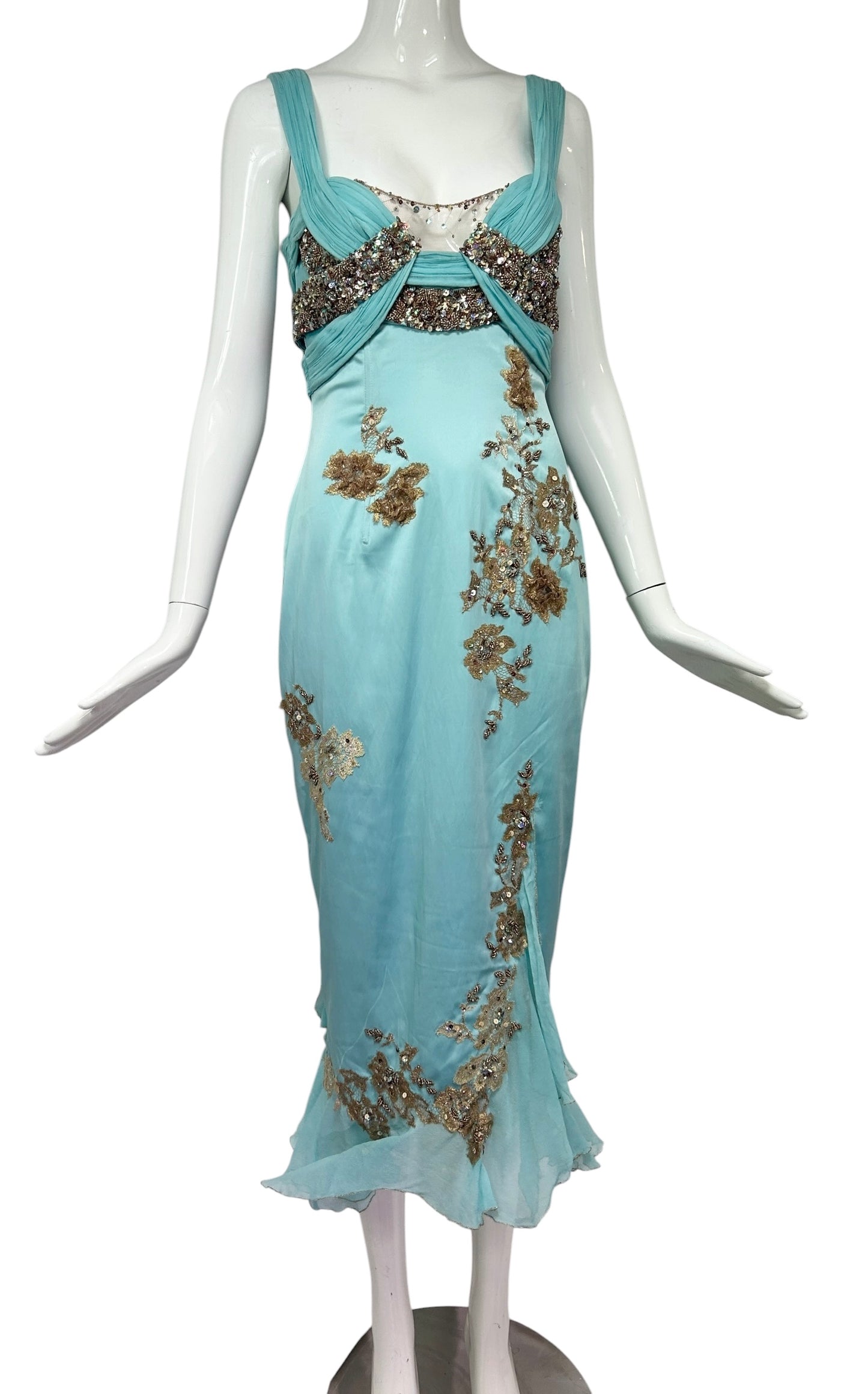 Mandalay Aqua Silk Chiffon Beaded Evening Dress – Deadstock Y2K Embroidered Gown | Size 6    AS-IS
