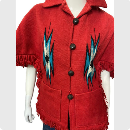 50’s Red Wool Chimayo Poncho Style Jacket with Fringe Trim