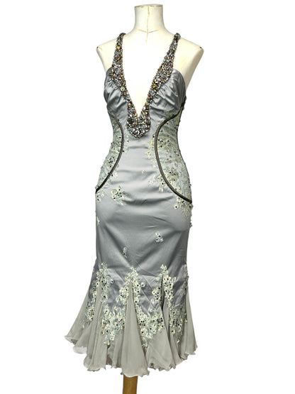 Deadstock Mandalay Embellished Silver Satin Mermaid Gown – Size 8