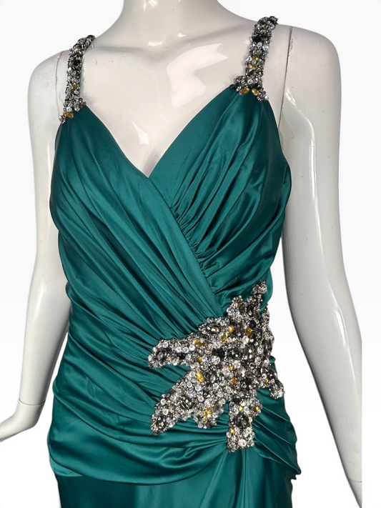 Vintage Mandalay Gown – Green Jeweled Evening Dress with Side Slit, Size 8