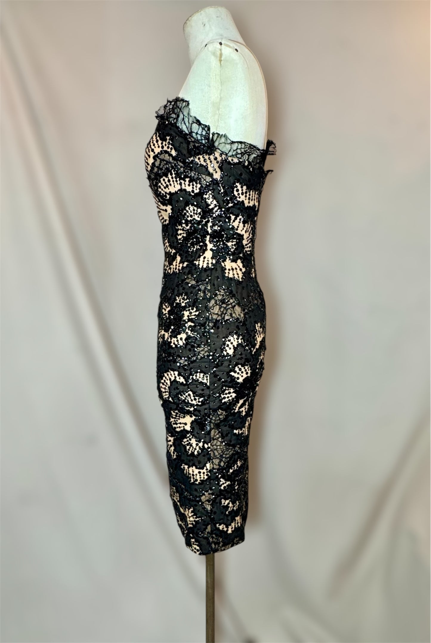 Y2K Deadstock Mandalay Dress – Blush Satin with Black Lace, Size 6