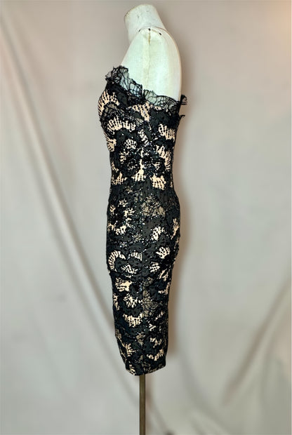 Y2K Deadstock Mandalay Dress – Blush Satin with Black Lace, Size 6