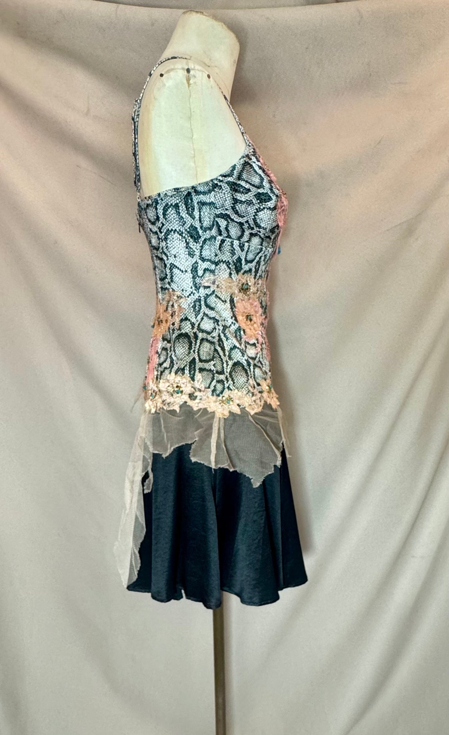 Y2K Deadstock Mandalay Sequin & Lace Top – Snake Print, Fairy Scarf Mesh Hem, Size 12