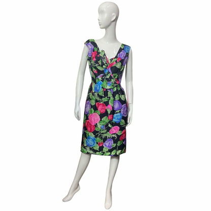 60’s Helga for I. Magnin Vivid Floral Print Cocktail Dress with Stylized Bow Detail 27” Waist