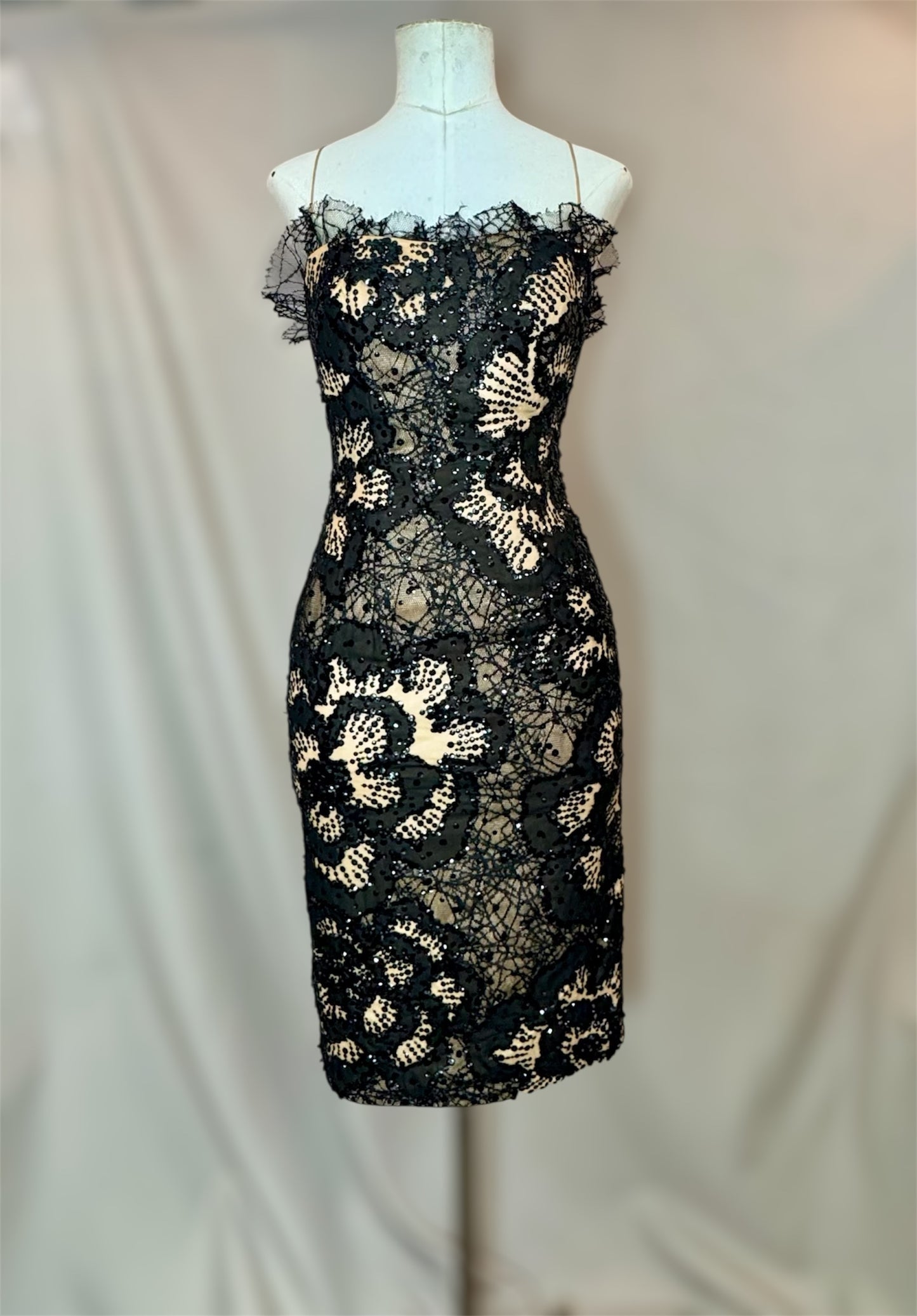 Y2K Deadstock Mandalay Dress – Blush Satin with Black Lace, Size 6