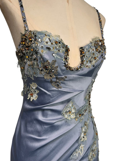 Deadstock Mandalay French Blue Wrap Stretch Satin Beaded Embroidered Dress — Size 6