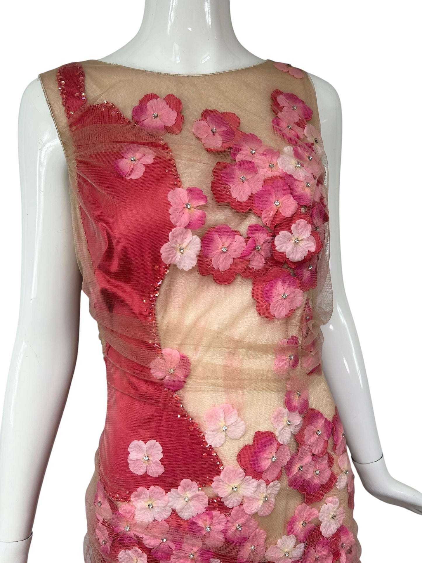 Mandalay Illusion Floral Appliqué Dress – Deadstock Y2K Mesh Cocktail Dress | Size 6. AS-IS