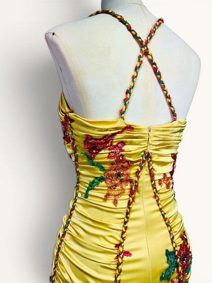 Mandalay Deadstock Beaded Ruched Stretch Satin Dress | Tropical Floral Embellished Wiggle Dress | Size 6