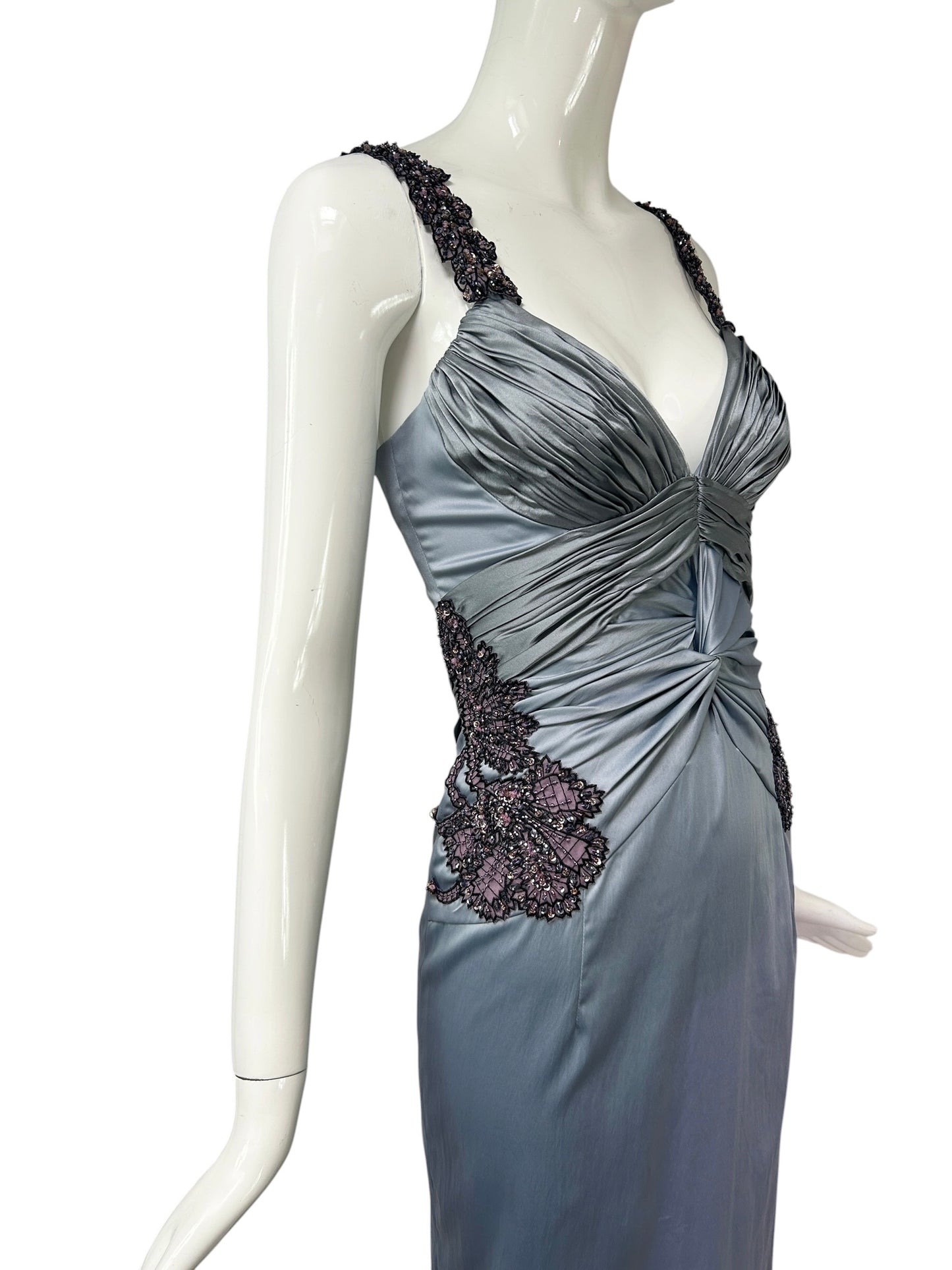 Mandalay Silver Blue Ruched Satin Cocktail Dress – Deadstock Y2K Beaded Wiggle Dress | Size 10